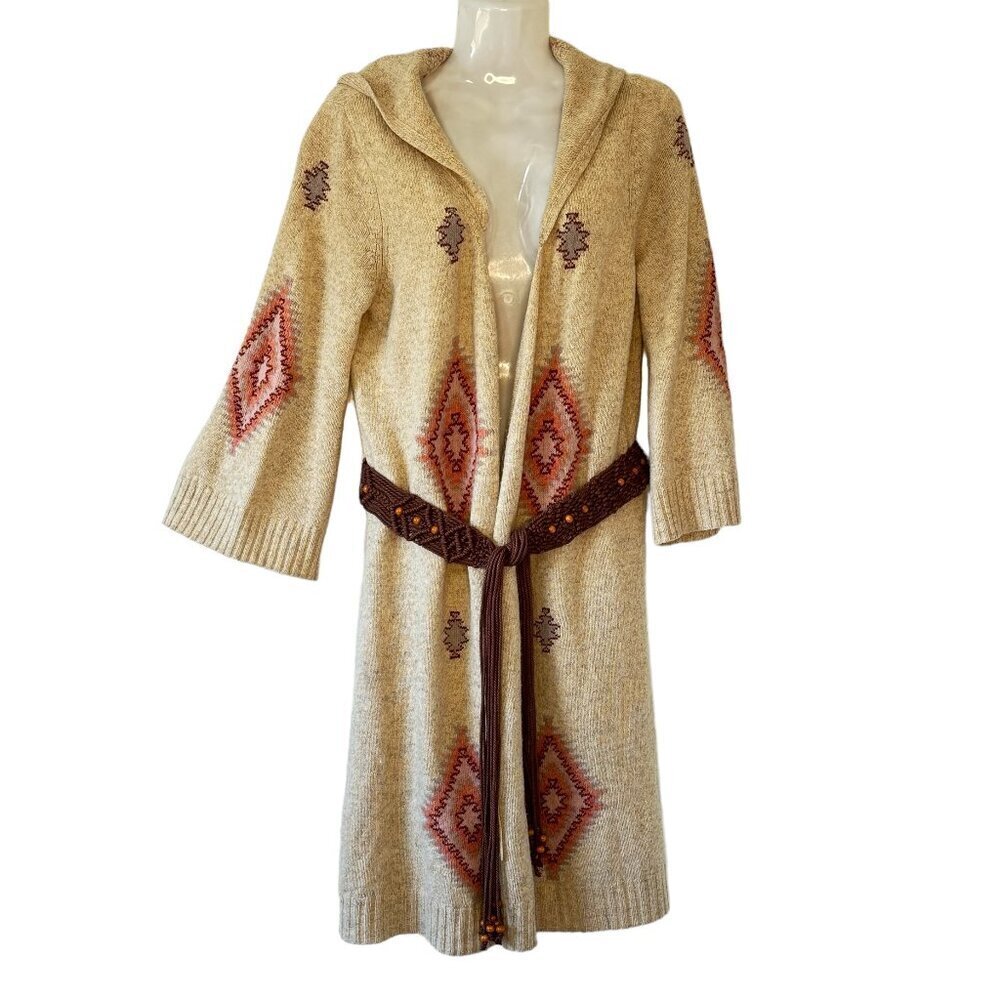 Women's Hooded Knit Cardigan with Belt - Cream and Brown
